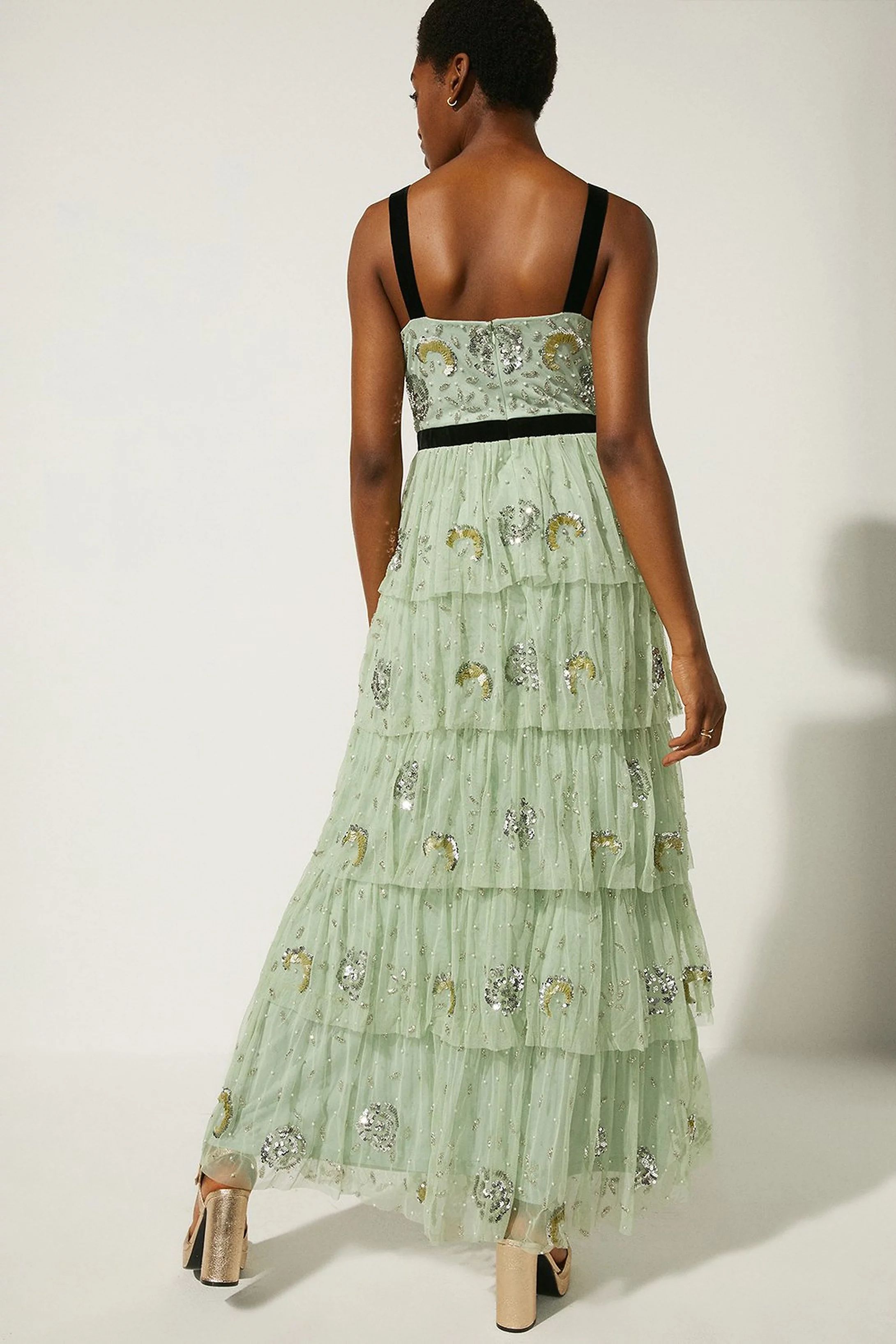 Oasis Velvet Trim Embellished Tiered Maxi Dress | Coast (UK)