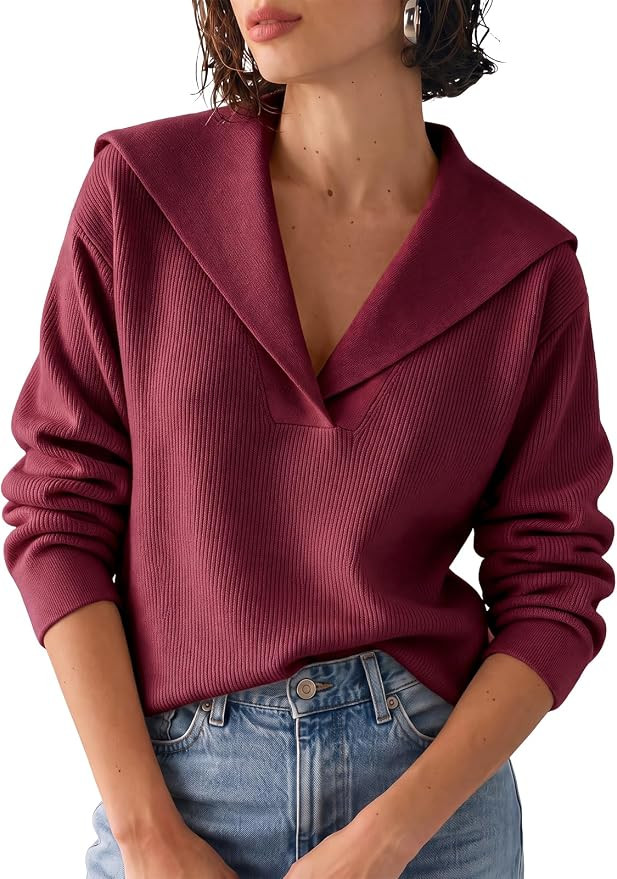 Cicy Bell Womens Pullover Sweaters Lapel Collar V Neck Long Sleeve Sweater | Amazon (US)