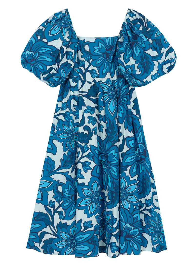 Zeena X Joanie - Emma Blue Floral Print Puff Sleeve Midaxi Dress | Joanie