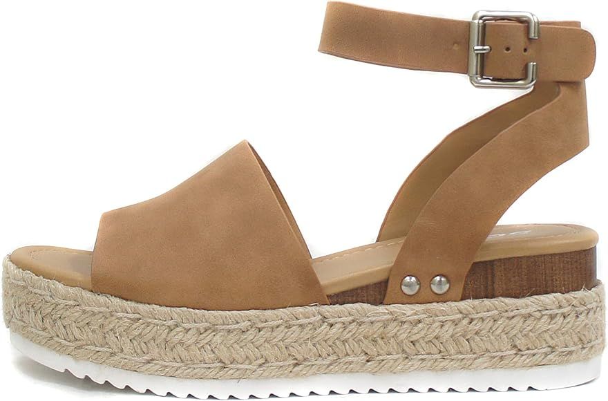 Soda Topic Open Toe Buckle Ankle Strap Espadrilles Flatform Wedge Casual Sandal | Amazon (US)