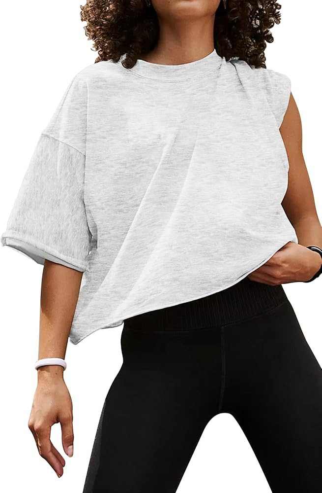 HUGOOME Womens Oversized Workout Crop Top Casual Short Sleeve Boxy Roll Hem | Amazon (US)