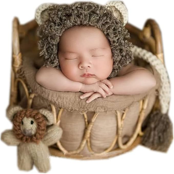 Fashion Cute Newborn Baby Boys Girls Knit Photography Props Knit Outfits Lion Hat with Tail Set | Amazon (US)