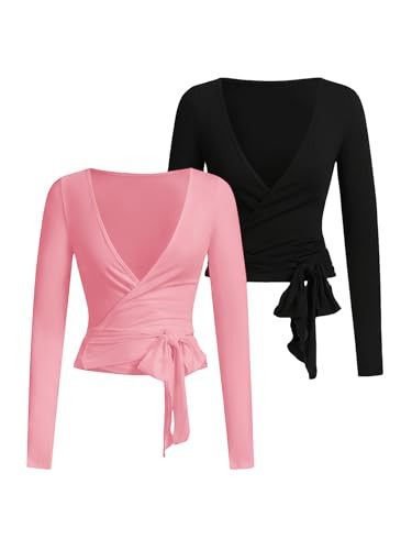 SweatyRocks Women's Pilates Outfits Wrap Tops Ballet Yoga Coquette Shirt Cute Long Sleeve Workout Activewear Pink and Black Large | Amazon (US)