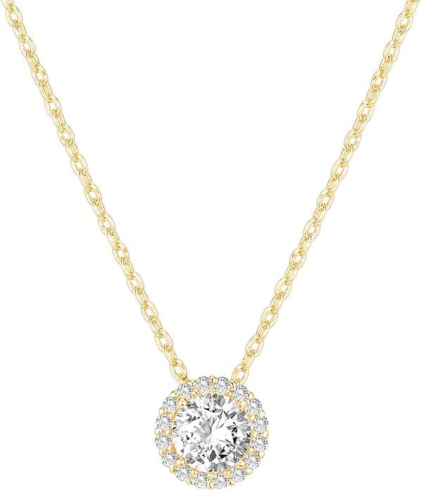 PAVOI 14K Gold Plated Post Faux Diamond Round Solitaire Pendant Halo Necklace | Gold Necklace for... | Amazon (US)