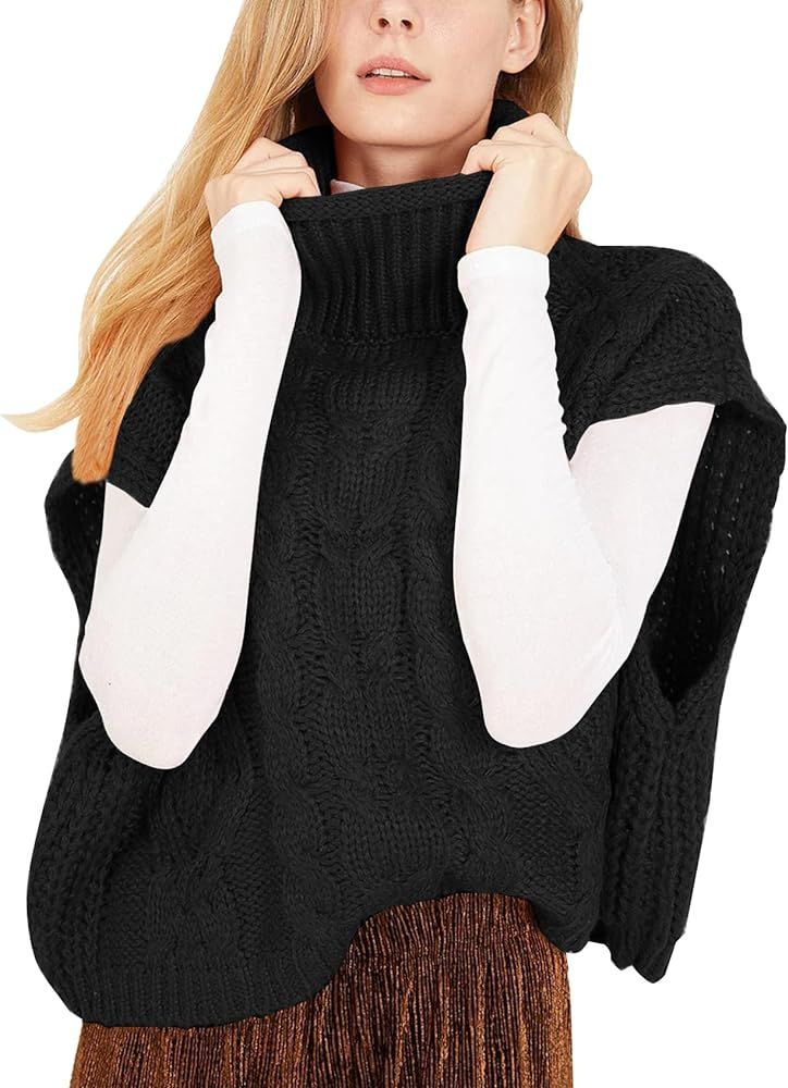 Flygo Womens Turtleneck Cable Sweater Vest Knit Oversized Loose Fit Solid Pullover Sweaters Cap S... | Amazon (US)