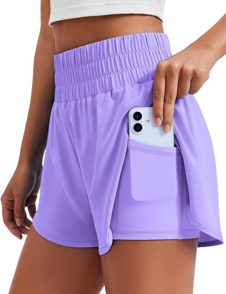 PINSPARK Women's 2 in 1 Running Shorts High-Split Athletic Short High Waisted 3" Liner Workout Gy... | Amazon (US)