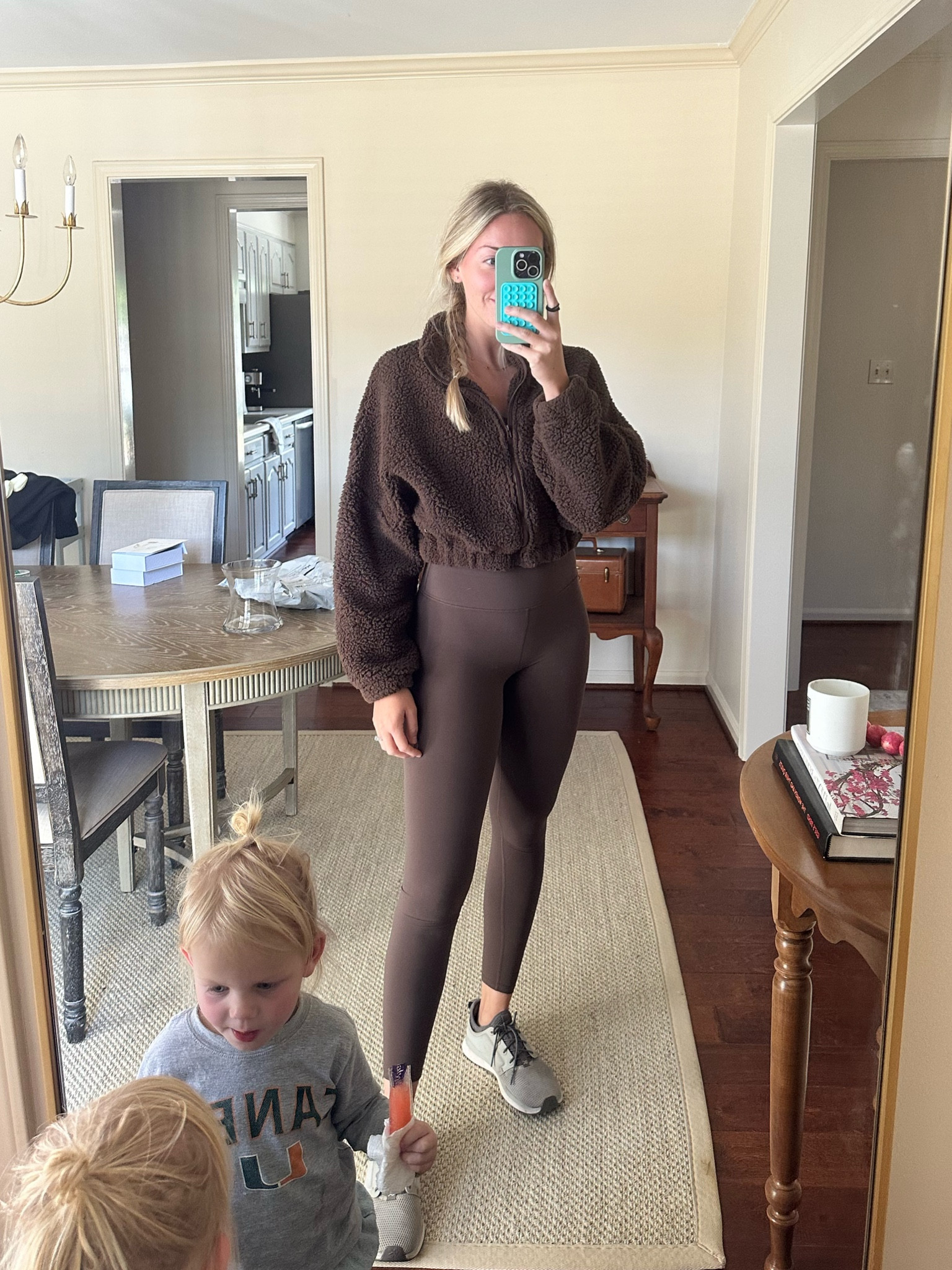 Chocolate brown leggings and bra top from target. This is the best quality and feel I’ve gotten that mimics the Lulu align! Wearing small in both. Pullover is old Amazon 

#LTKfindsunder50