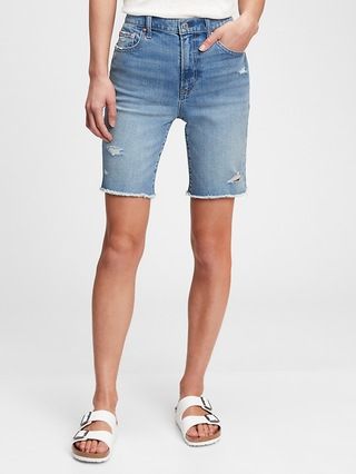 Mid Rise Relaxed Distressed Denim Bermuda Shorts with Washwell™ | Gap (US)