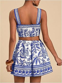 Floerns Women's Two Piece Outfit Tropical Crop Cami Top and Summer Skirts Set | Amazon (US)