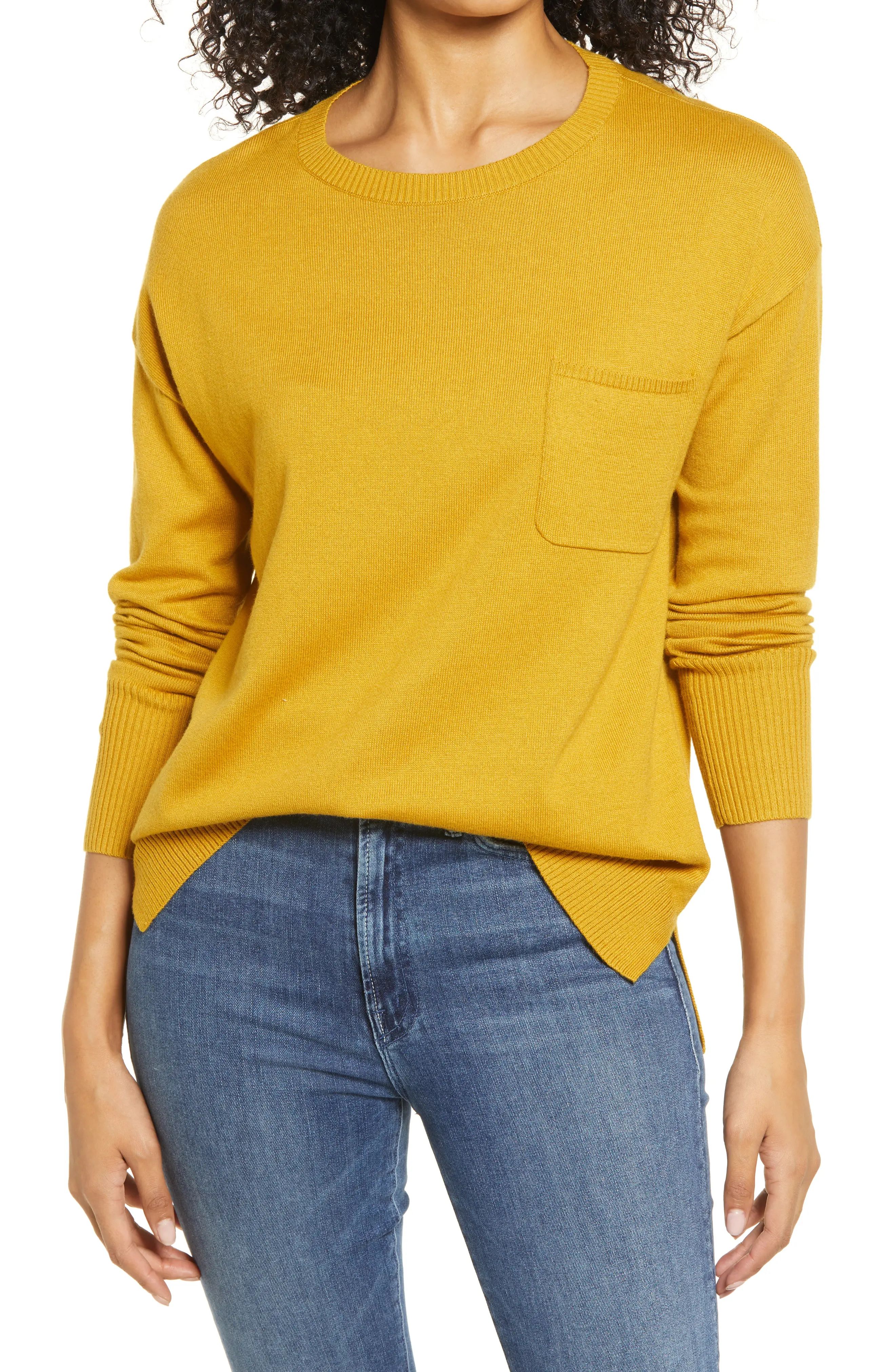 Women's Caslon Crewneck Pocket Sweater, Size X-Small - Yellow | Nordstrom