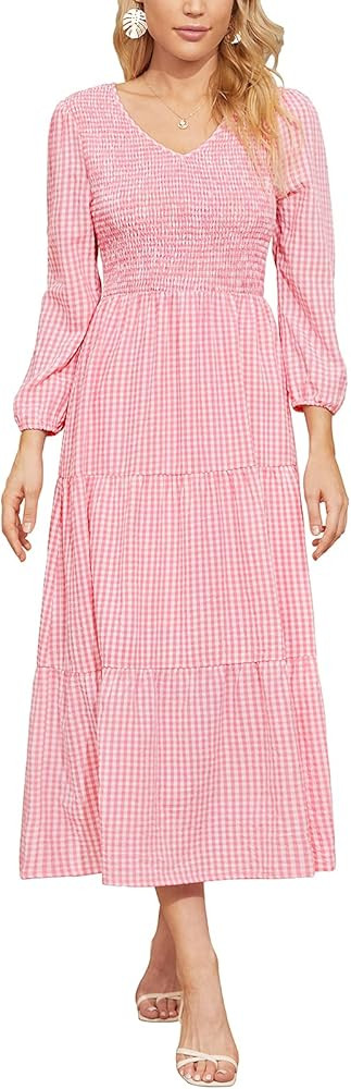 Kranda Women's V Neck Long Puff Sleeve Solid Ruffle Tiered Palid Smocked Midi Dress | Amazon (US)
