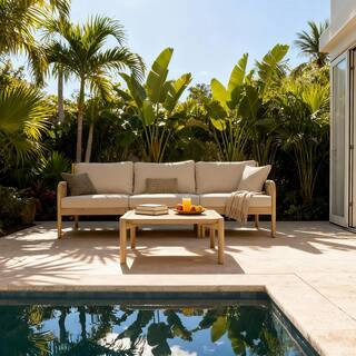 Gokmen 4-Piece Solid Wood Patio Conversation Set with Green Rope and Beige Cushions | The Home Depot