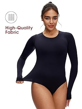 NANJI Long Sleeve Bodysuit for Women - Slim Fit Crew Neck Thong Body Suit, Stretch Double Lined S... | Amazon (US)