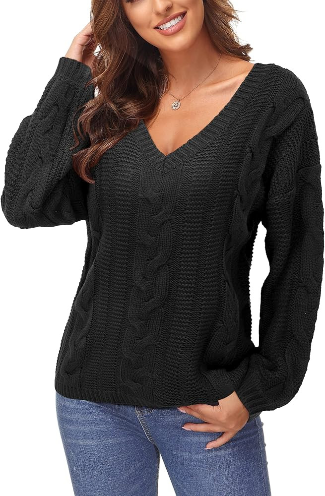 VOTEPRETTY Women's Long Sleeve Off Shoulder Pullover Sweaters V-Neck Cable Knit Loose Tops | Amazon (US)