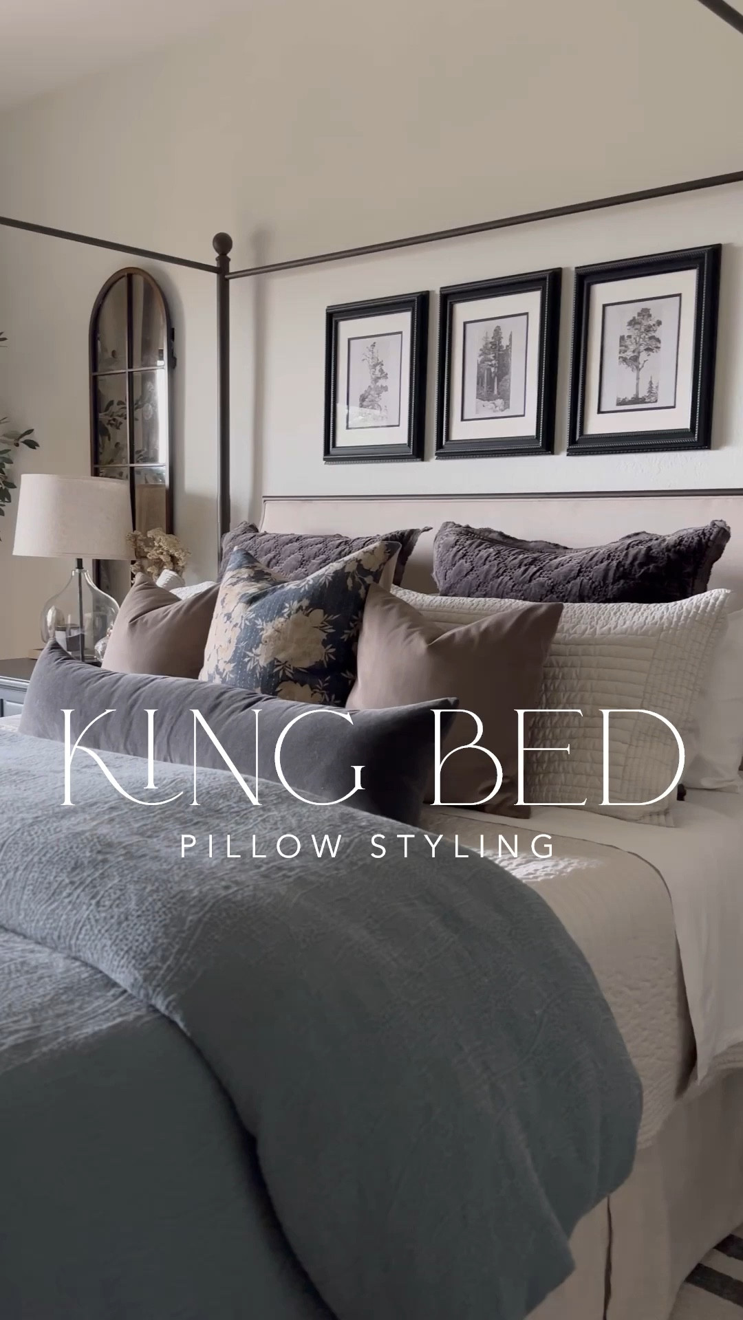 King bed pillow styling! Details below!

Euro Shams: Gray
Euro Inserts: Pillowflex 26x26 (mine are old but this brand is great)
King Shams: Frost Gray
King Pillows: Beckham — the best Amazon sleeping pillows!
Floral Pillow: Steel Blue
Accent Pillows: Taupe, 18x18 ****I messaged the Etsy seller to confirm this color! The photo looks lighter but I confirmed this is the shade of taupe I have!
Accent Pillow Inserts: Amazon Basics
Lumbar Pillow: Click Slate, then 12x46
Lumbar Insert: Pillowflex 12x28

#LTKhome #LTKstyletip #LTKVideo