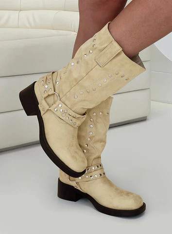 Allora Western Boots Beige Faux Suede | Princess Polly US