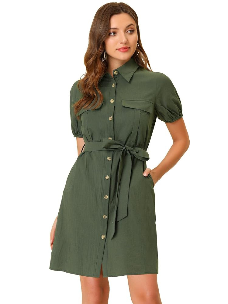 Allegra K Women's Safari Dress Collared Short Sleeve Cotton Belted Button Down Shirt Dresses | Amazon (US)