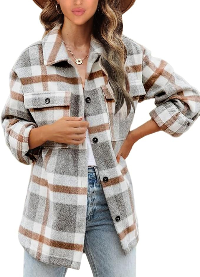 Beaully Women's Flannel Plaid Jacket Long Sleeve Button Down Chest Pocketed Shirts Coats Shacket | Amazon (US)