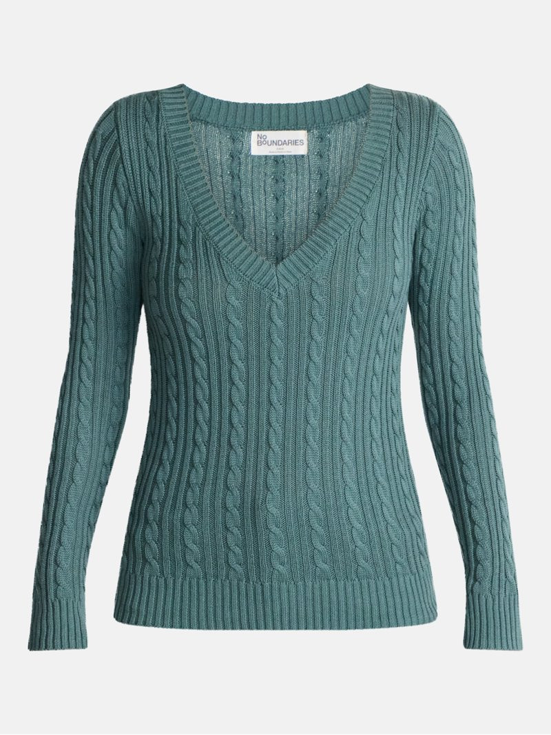 No Boundaries V-Neck Cable Knit Sweater with Long Sleeves, Midweight, Women's XXS-4X | Walmart (US)