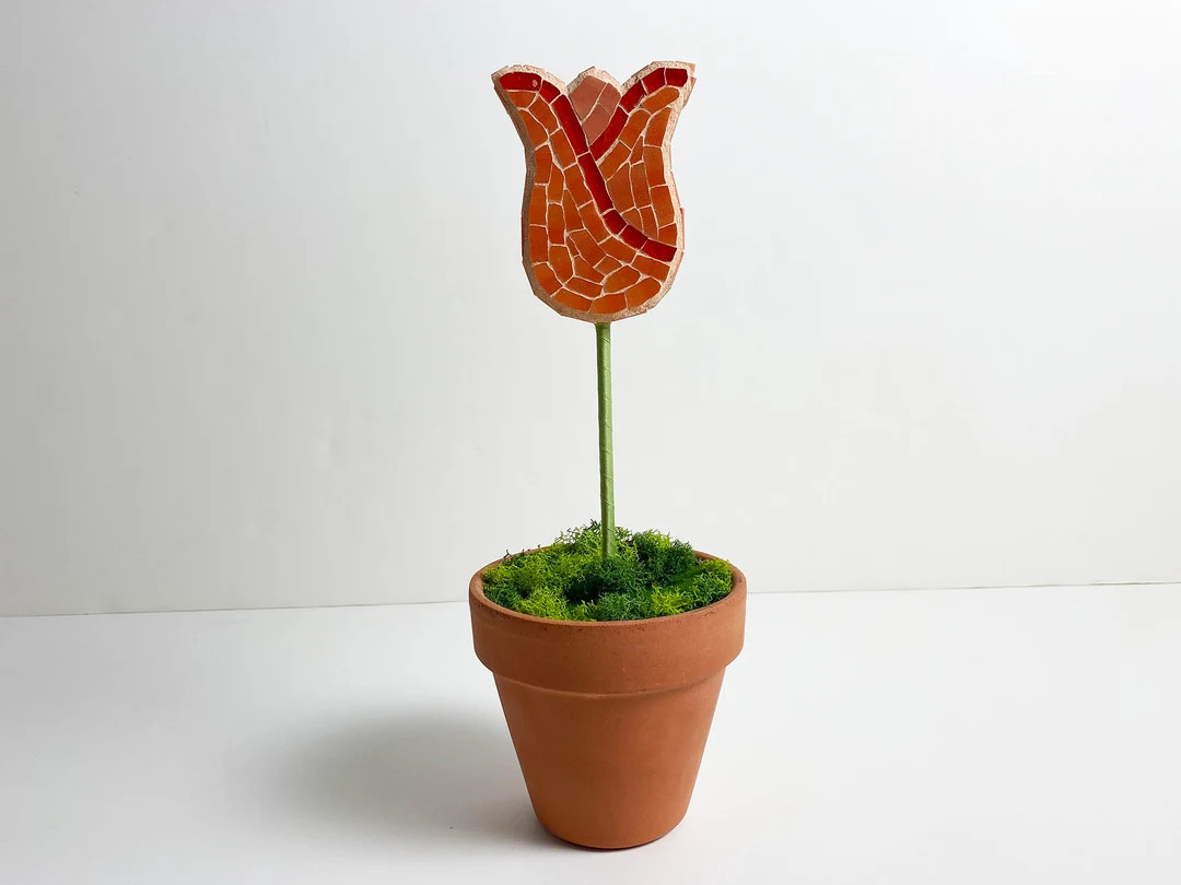 Orange Mosaic Stained Glass Tulip Flower Pot Desk Shelf Coffee Table Decor Gardener Mothers Day E... | Etsy (US)