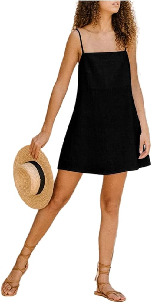 Women 2023 Summer Spaghetti Strap Mini Tank Dress Casual Solid Color Linen Back Strap Sleeveless ... | Amazon (US)