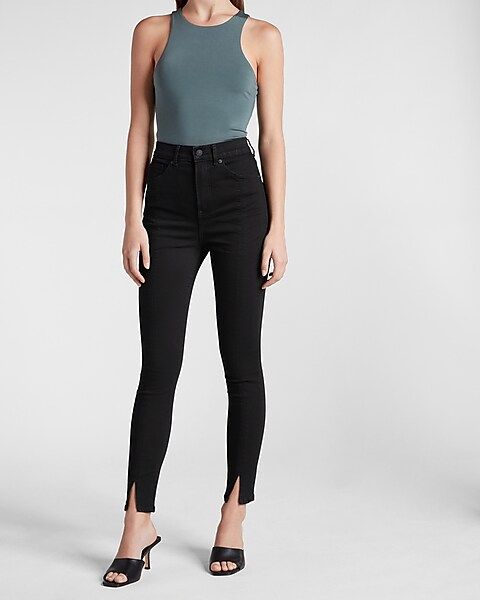 Super High Waisted Black Ankle Vent Skinny Jeans | Express