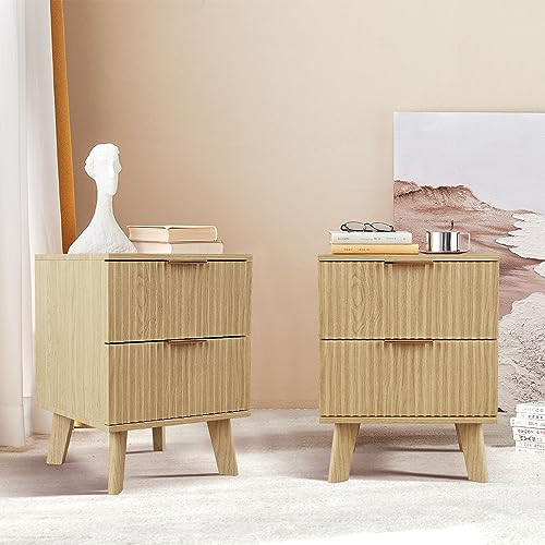 Nightstands Set of 2, Modern Large Striped Bedside Table With Drawers, Mid Century Night Stand, End Table With Solid Wood Legs (Natural) | Amazon (US)