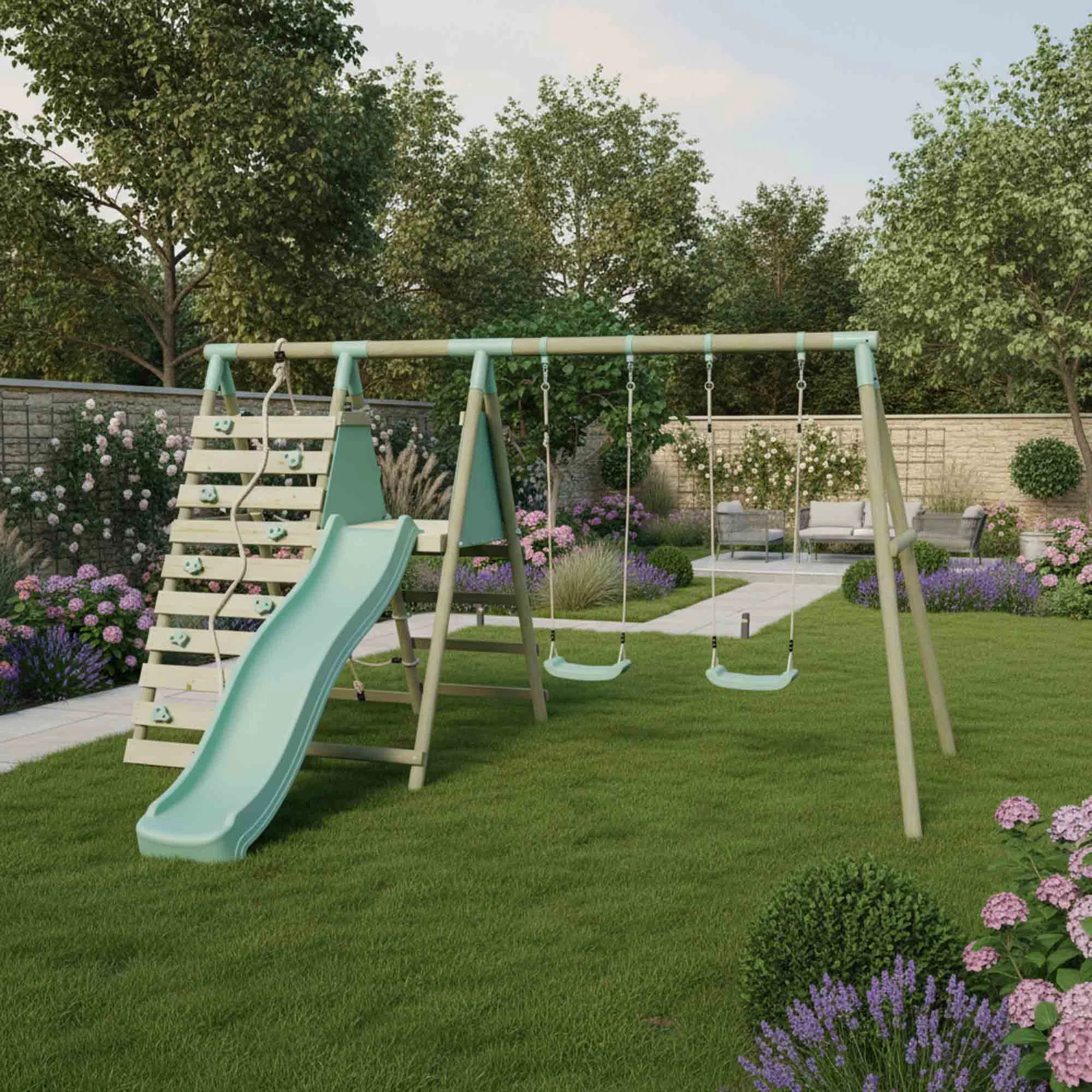 Mercia Wooden Round Pole Double Swing With Climbing Wall & Slide | Wayfair UK