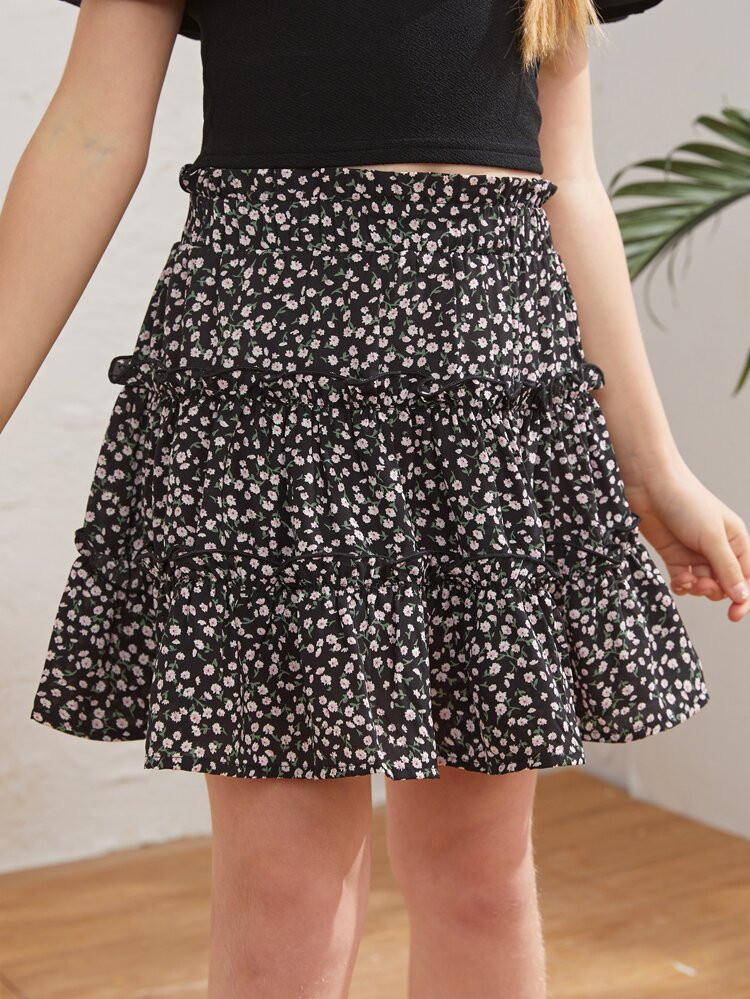 SHEIN Girls Ditsy Floral Layered Frilled Skirt | SHEIN
