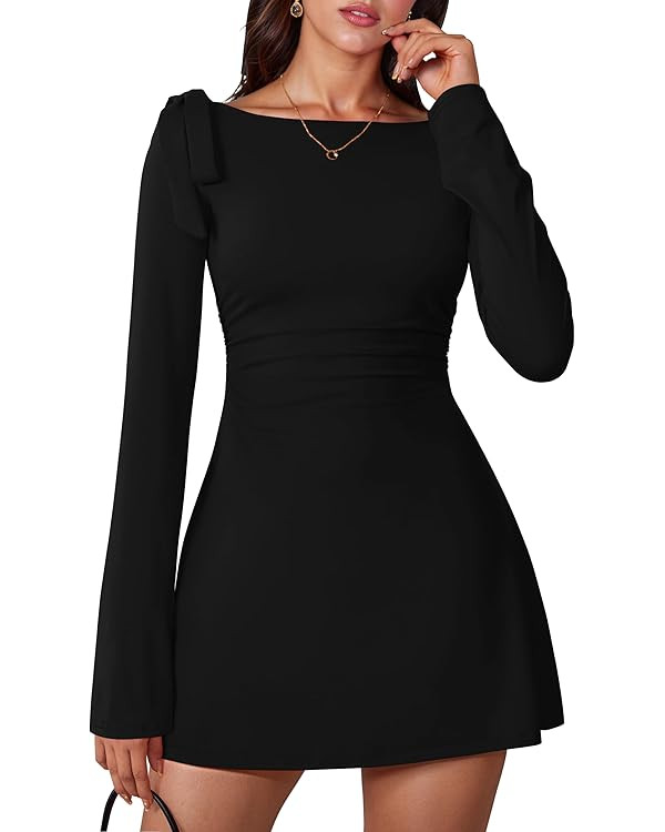 Women's Long Sleeve Boat Neck Bodycon Ruched Elegant Bow Tie Party Mini Dress | Amazon (US)