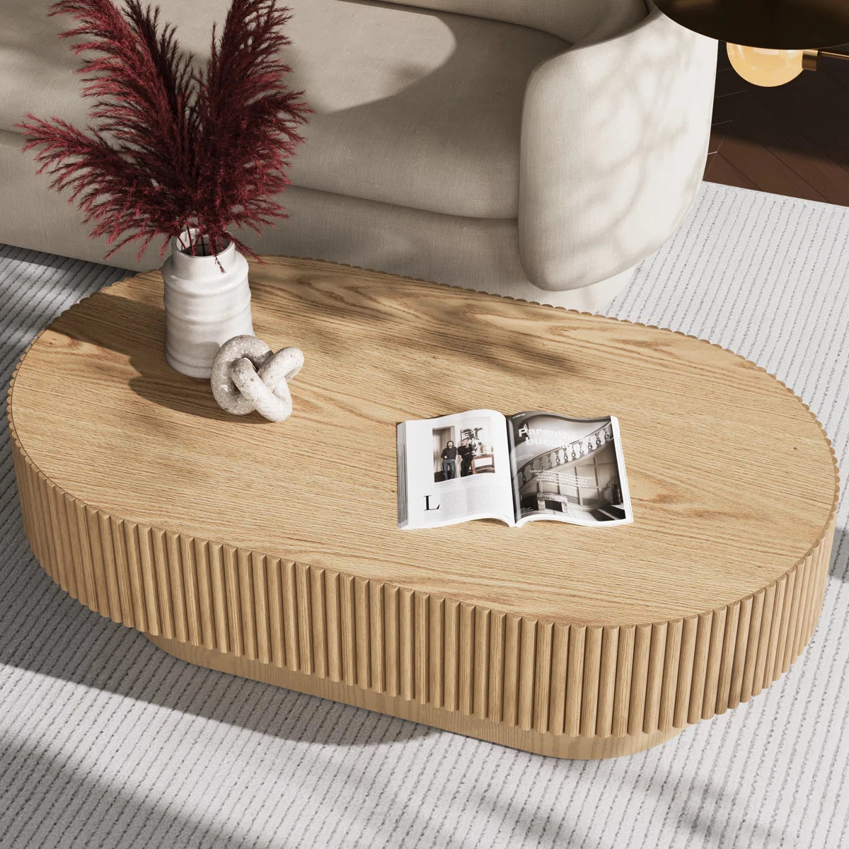 Alethia 44'' Handcrafted Oval Capsule Coffee Table – Fluted Solid Wood Design | Wayfair North America