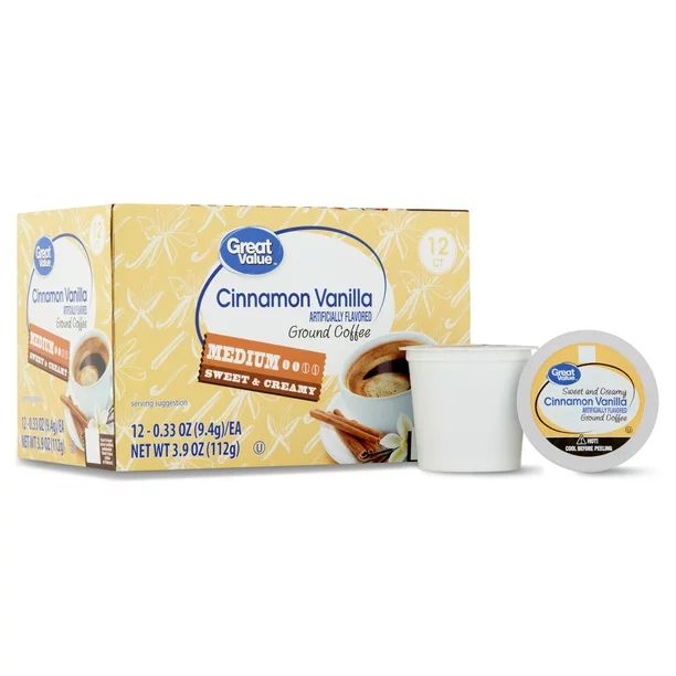 Great Value Medium Roast Cinnamon Vanilla Ground Coffee Pods, 12 Count - Walmart.com | Walmart (US)