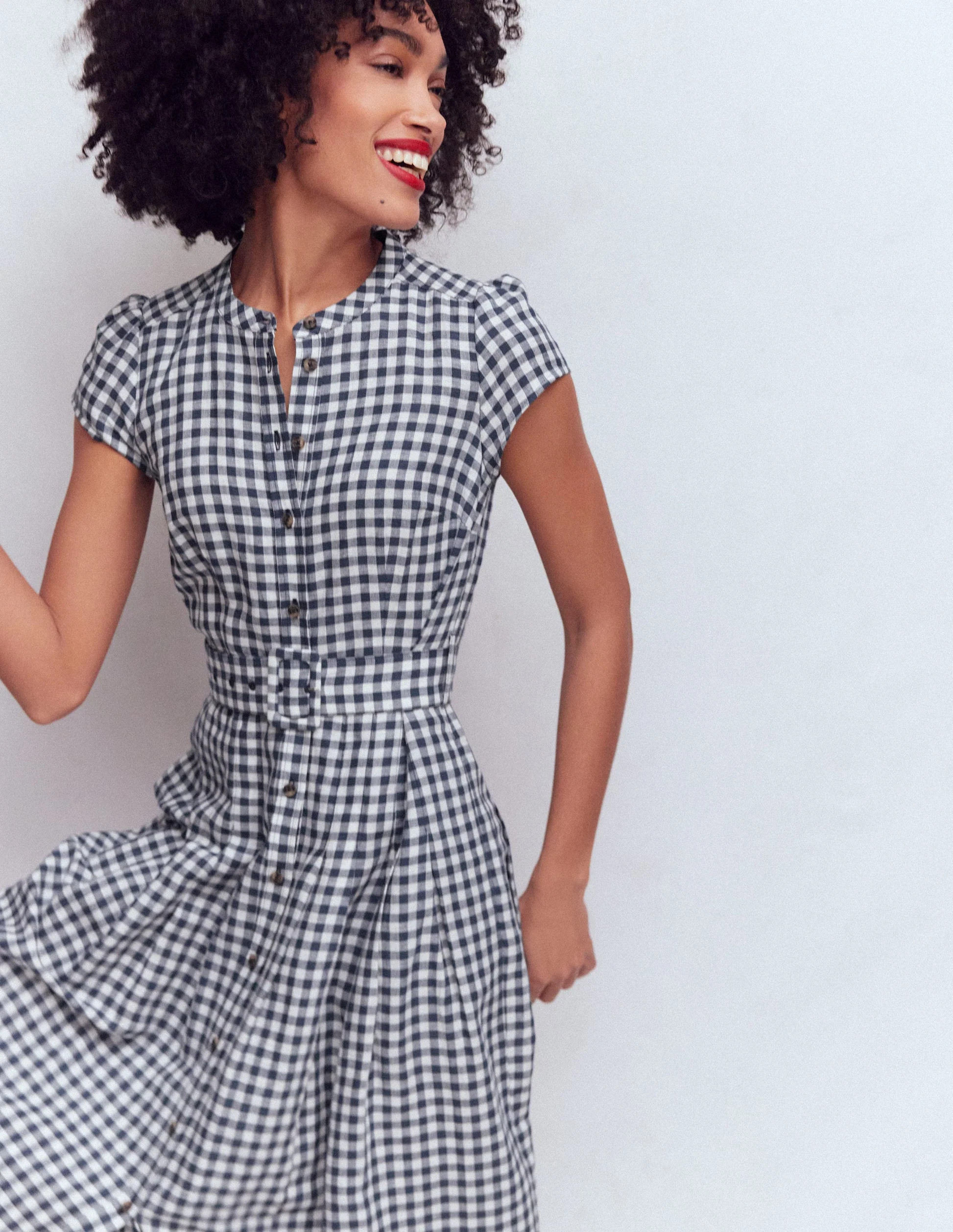Arabella Linen Blend Dress-Navy Gingham | Boden (US)