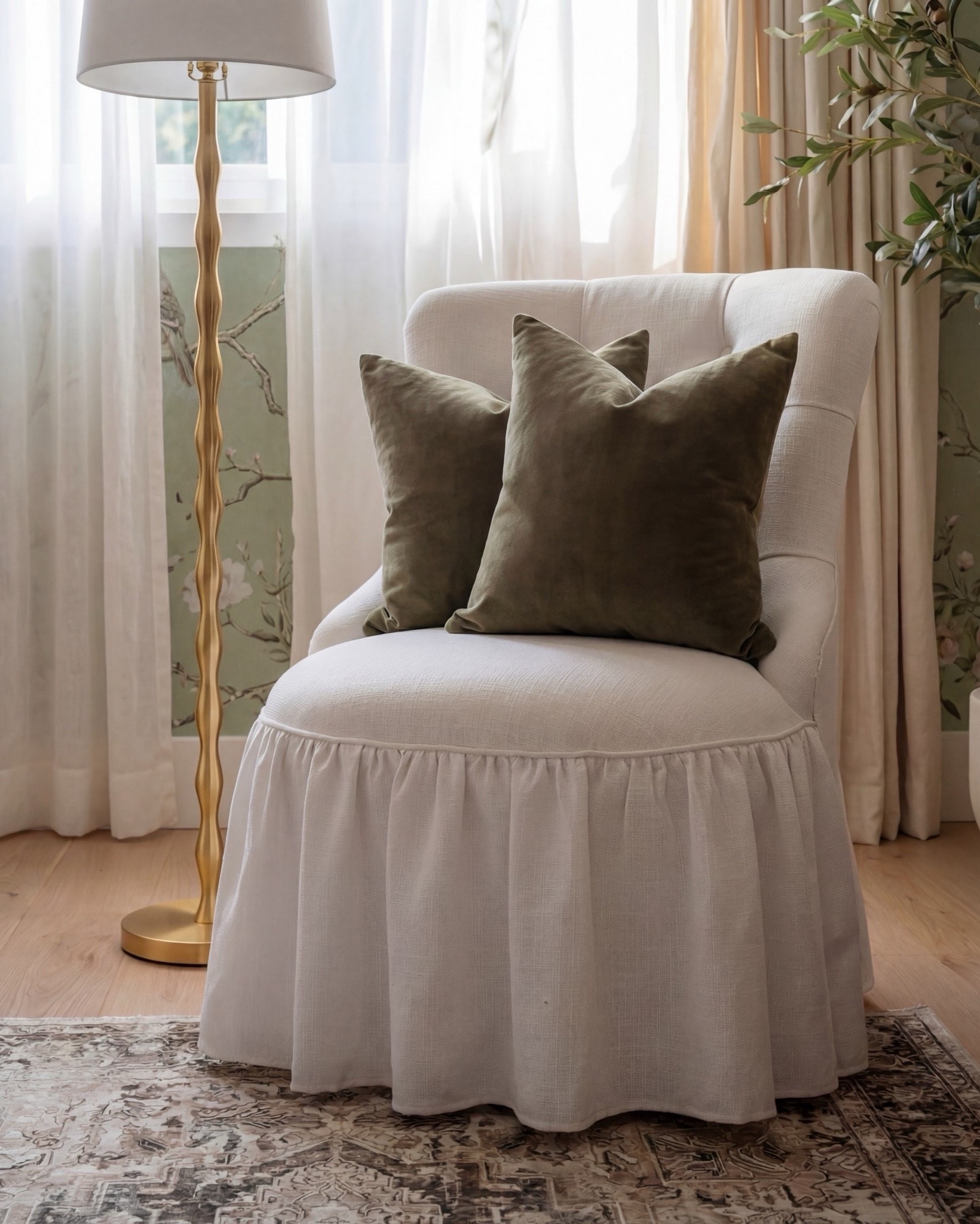 This nursery feels storybook-soft and timeless, blending nature-inspired charm with warm, grounding materials. The floral wallpaper sets a whimsical tone, while exposed wood beams and rich wood furniture keep the space feeling elevated and cozy rather than overly sweet.

The balance of classic nursery pieces with refined finishes—like brass accents, woven textures, and sculptural lighting—makes this room feel calm, intentional, and designed to grow with the child.

Shop the Look:
• Floral wallpaper (soft green with botanical print)
• Solid wood crib (warm walnut tone)
• Knit throw blanket (neutral brown)
• Wood dresser with woven drawer fronts
• Changing tray (wood)
• Round brass-framed wall mirror
• Oval framed animal artwork
• Decorative wall animal mount
• Upholstered accent chair (ivory)
• Green accent pillows
• Floor lamp (brass base, white shade)
• Table lamp (ceramic base, white shade)
• Pendant ceiling light (soft white globe)
• Neutral vintage-style area rug
• Light wood flooring
• Sheer curtains with linen drapery panels
#LTKSaleAlert

#LTKsale #LTKhome