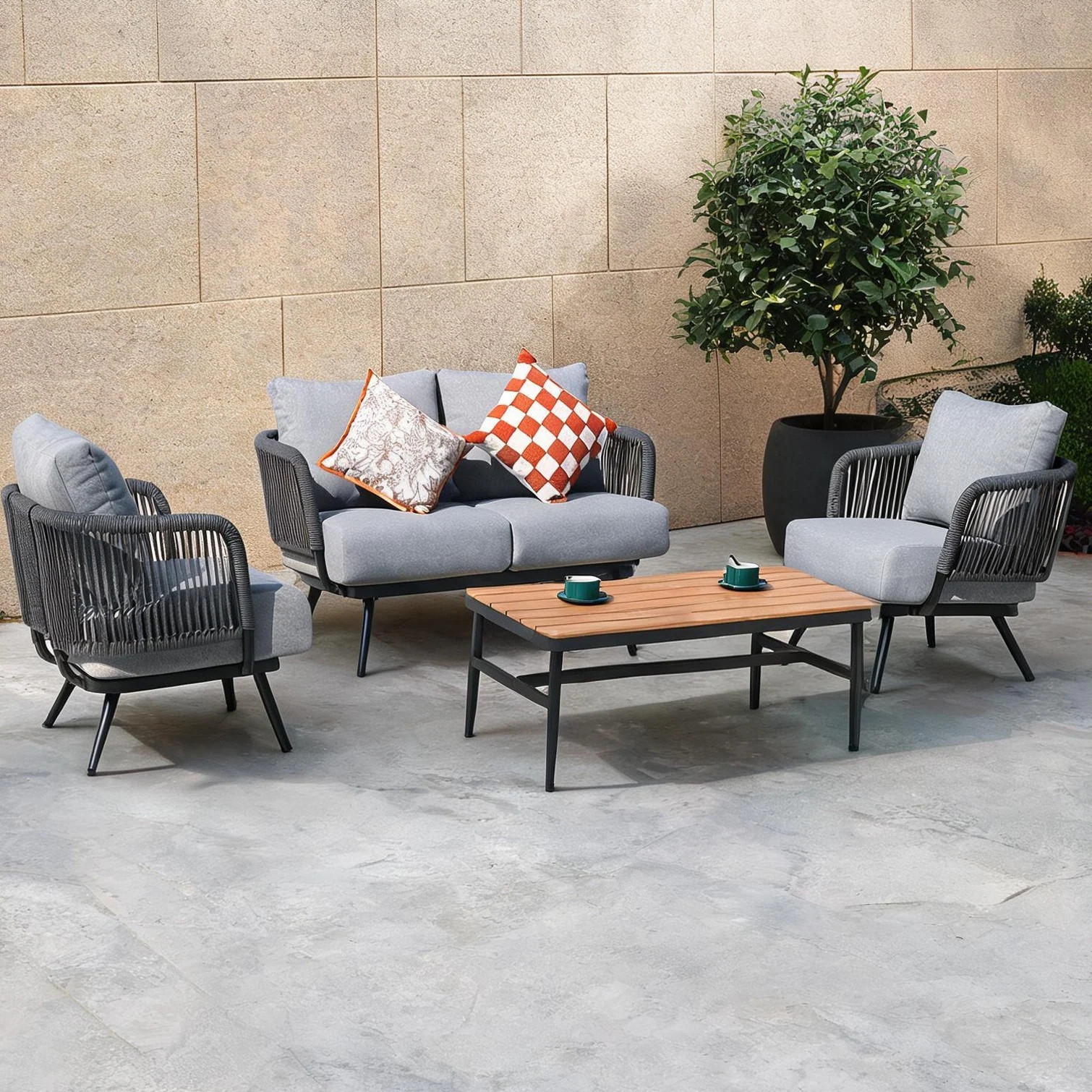 Naturefalls Backyard Conversation Set with Swivel Chairs 4-Piece Outdoor Patio Furniture in Cool Gray Woven Rope and Wood-Grain Table Seats 3 | Lowe's