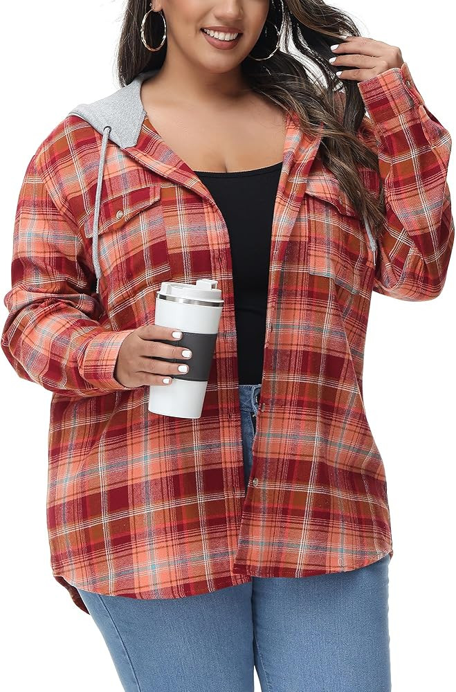 MCEDAR Women's Oversized Flannel Shirts Plaid Hoodie Long Sleeve Button Down Plus Size Casual Pla... | Amazon (US)
