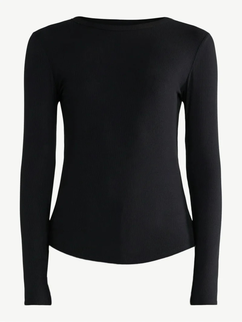 No Boundaries Ribbed Crewneck Tee with Long Sleeves, 1 or 2-Pack, Women's & Women's Plus | Walmart (US)