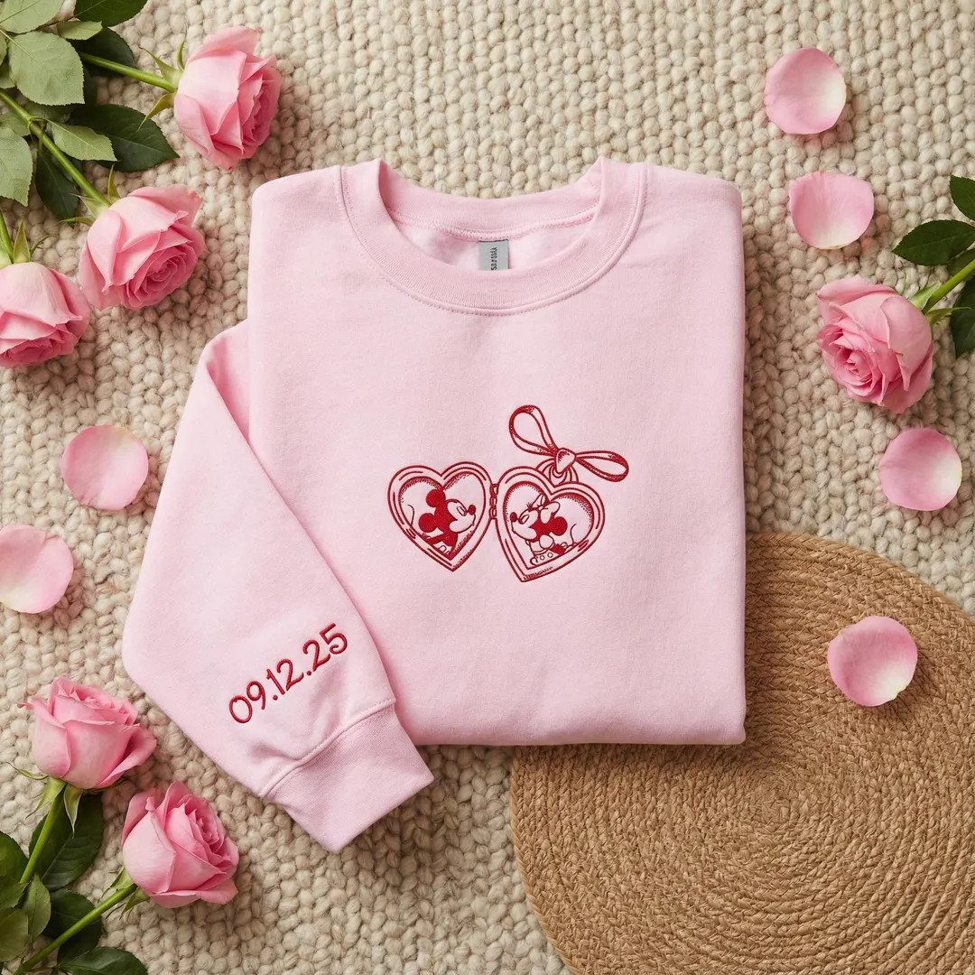 Embroidered Mouse Couple Locket Coquette Shirt With Pink Bow, Magic Kingdom Valentine Tee, Romant... | Etsy (US)