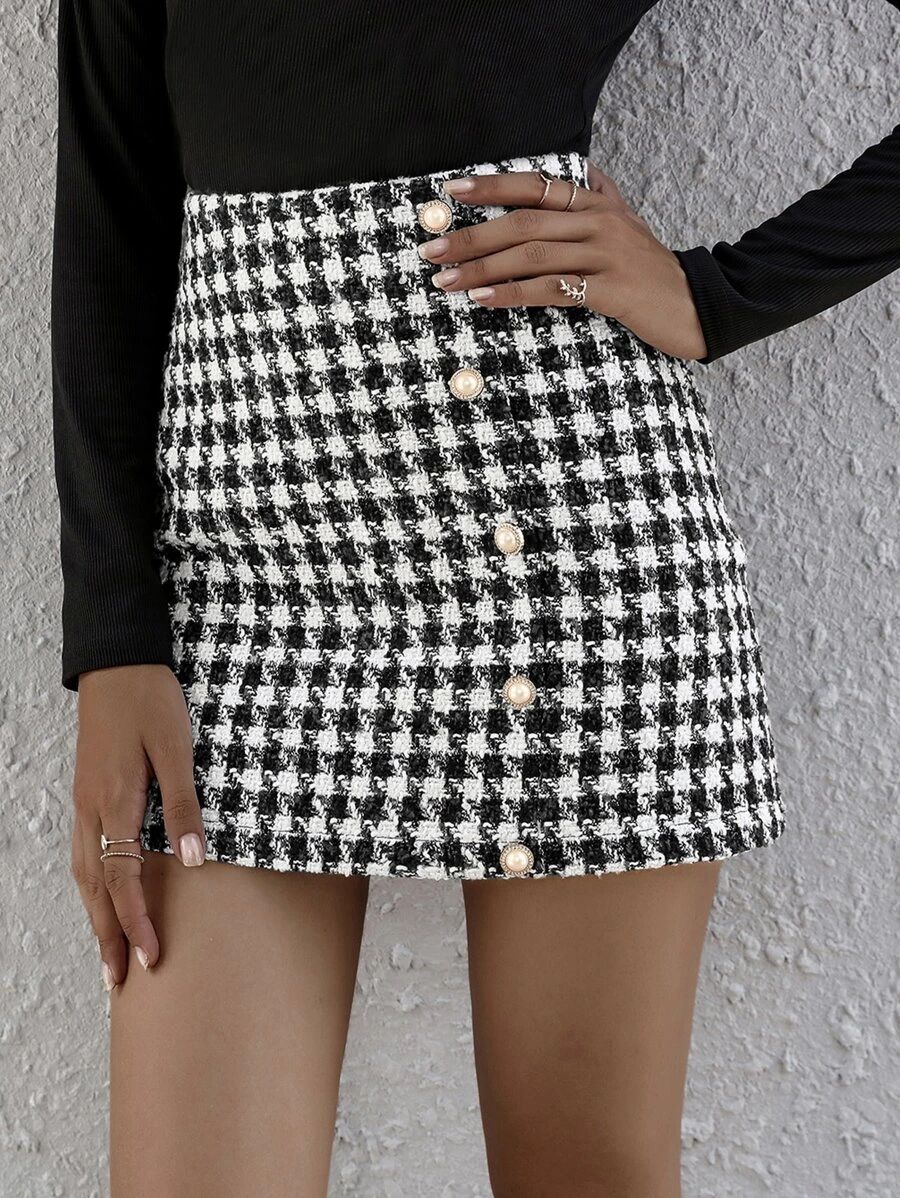 Button Front Gingham Tweed Skirt | SHEIN