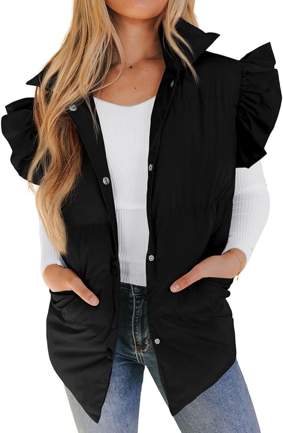 Valphsio Women's Ruffle Puffer Vests Winter Button Down Padded Gilet with Pocket | Amazon (US)
