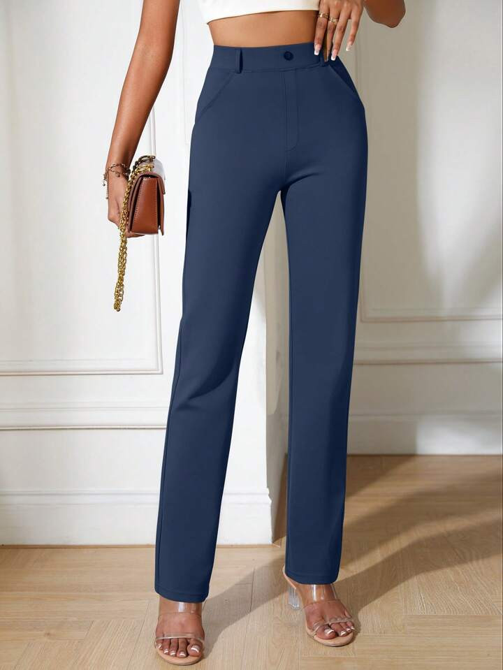 Solid Slant Pocket Straight Leg Pants | SHEIN