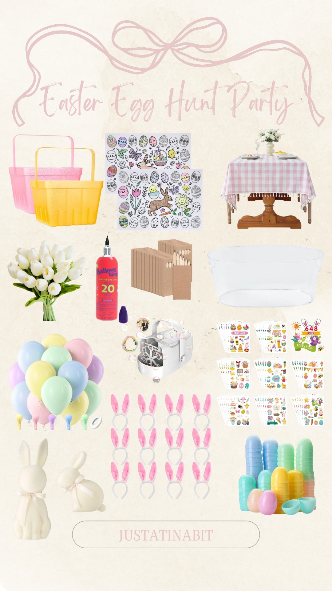 Easter Egg Hunt Party! 

Fillable Easter eggs, pastel balloons, white artificial tulips, colored pencils, bunny stickers and headbands, pink checkered tablecloth, automatic bubble blower, Easter baskets, bunny decor, beverage tub

#LTKHome #LTKSeasonal #LTKKids