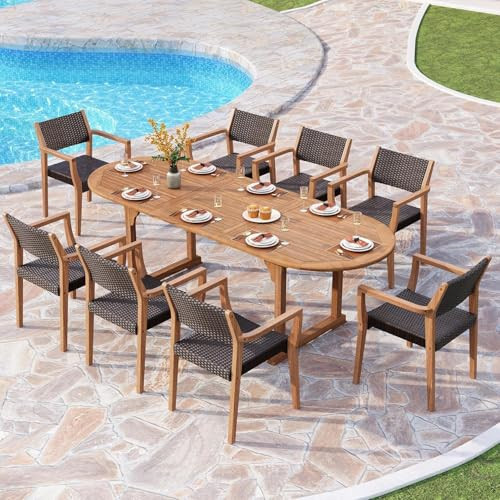 PHI VILLA 9 Pieces Acacia Wood Outdoor Dining Set for 8, Expandable Teak Wooden Table & Chairs, Large Farmhouse Furniture Set for Patio, Deck, Backyard, Porch | Amazon (US)