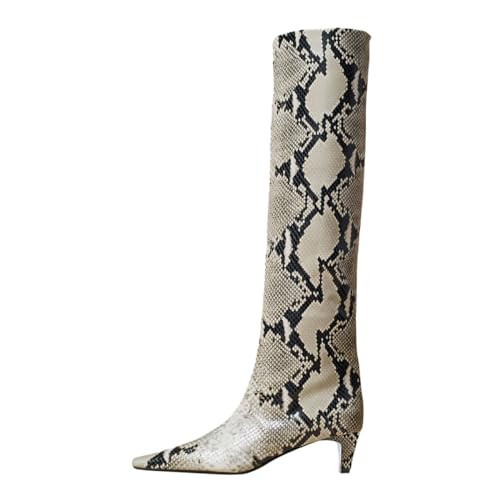 miss left Women Stretchy Knee High Boots Closed Square Toe Low Kitten Heels Autumn Winter Long Boots Dress Shoes Size 13.5 Snakeskin | Amazon (US)