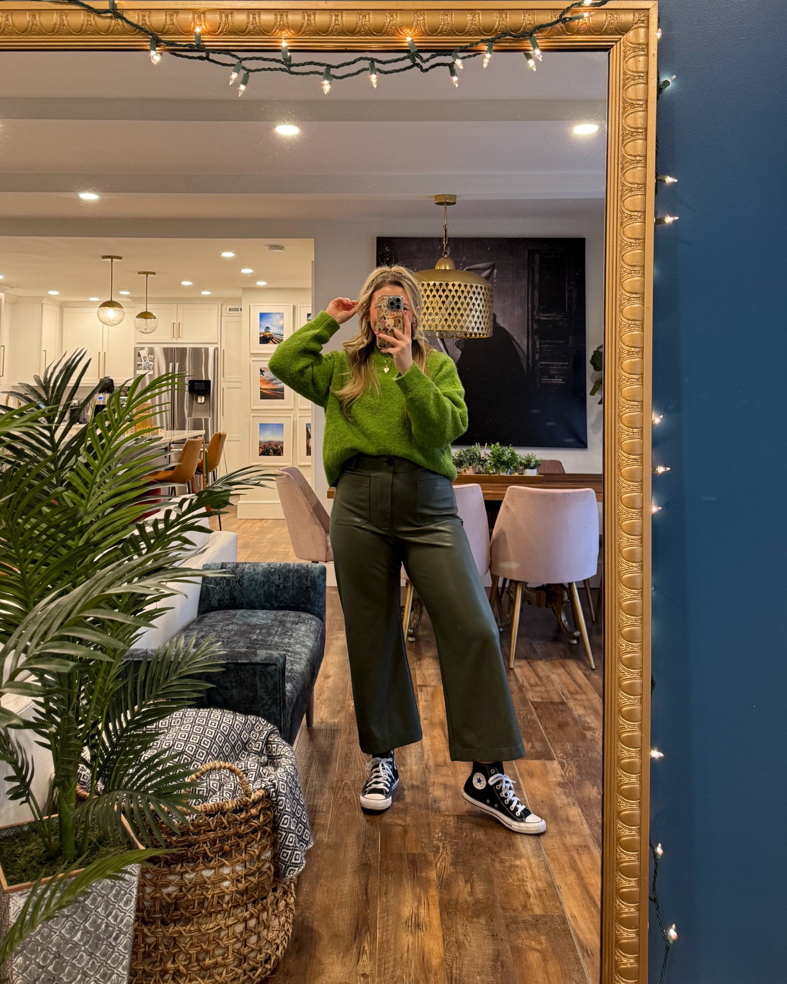 Wearing the Colette faux leather cropped wide leg pants, true to size. SUPER stretchy and comfortable. Monochromatic green outfit, holiday outfits, Christmas outfits 

#LTKStyleTip #LTKMidsize #LTKHoliday