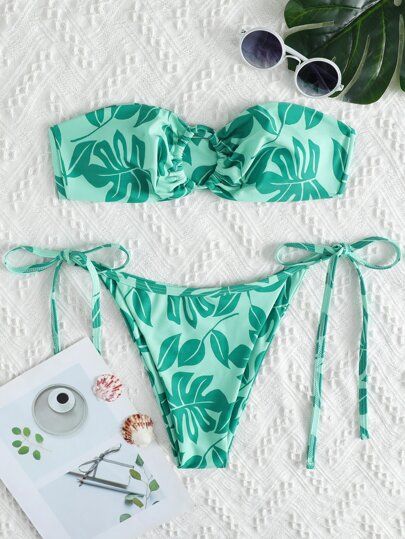 Leaf Print Bandeau Tie Side Bikini Swimsuit | SHEIN