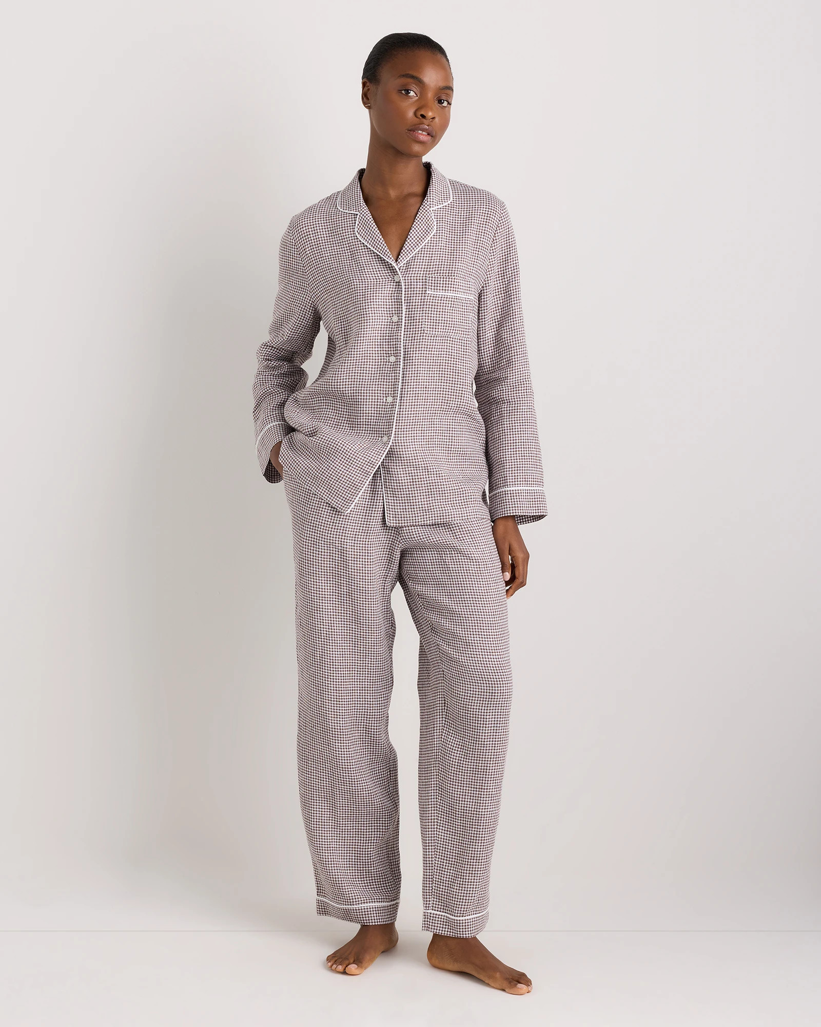 100% European Linen Long Sleeve Pajama Set with Piping in Taupe Brown Mariner Stripe | Quince