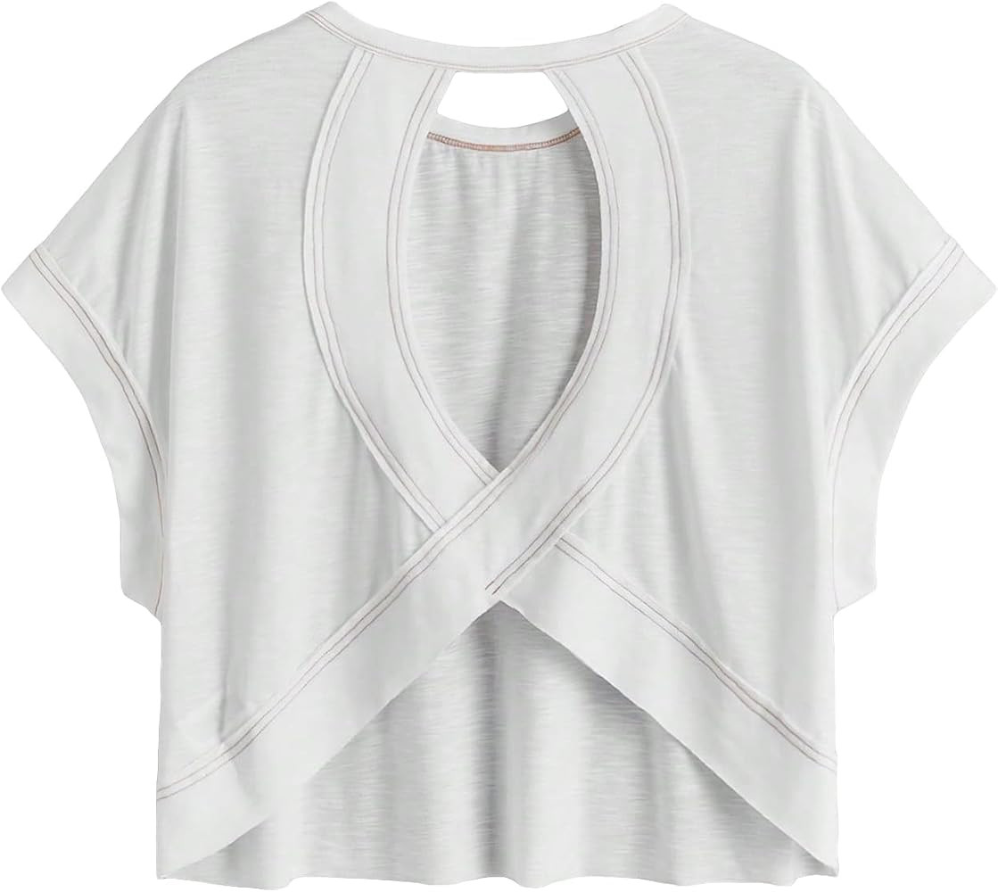 SOLY HUX 2024 Open Back Tops for Women Criss Cross Cut Out Tee Backless Casual Short Sleeve Round... | Amazon (US)