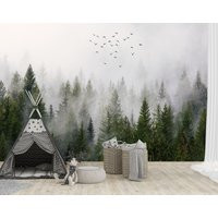 Misty Foggy Forest Wall Mural Peel & Stick Self-Adhesive Print Wallpaper | Etsy (US)