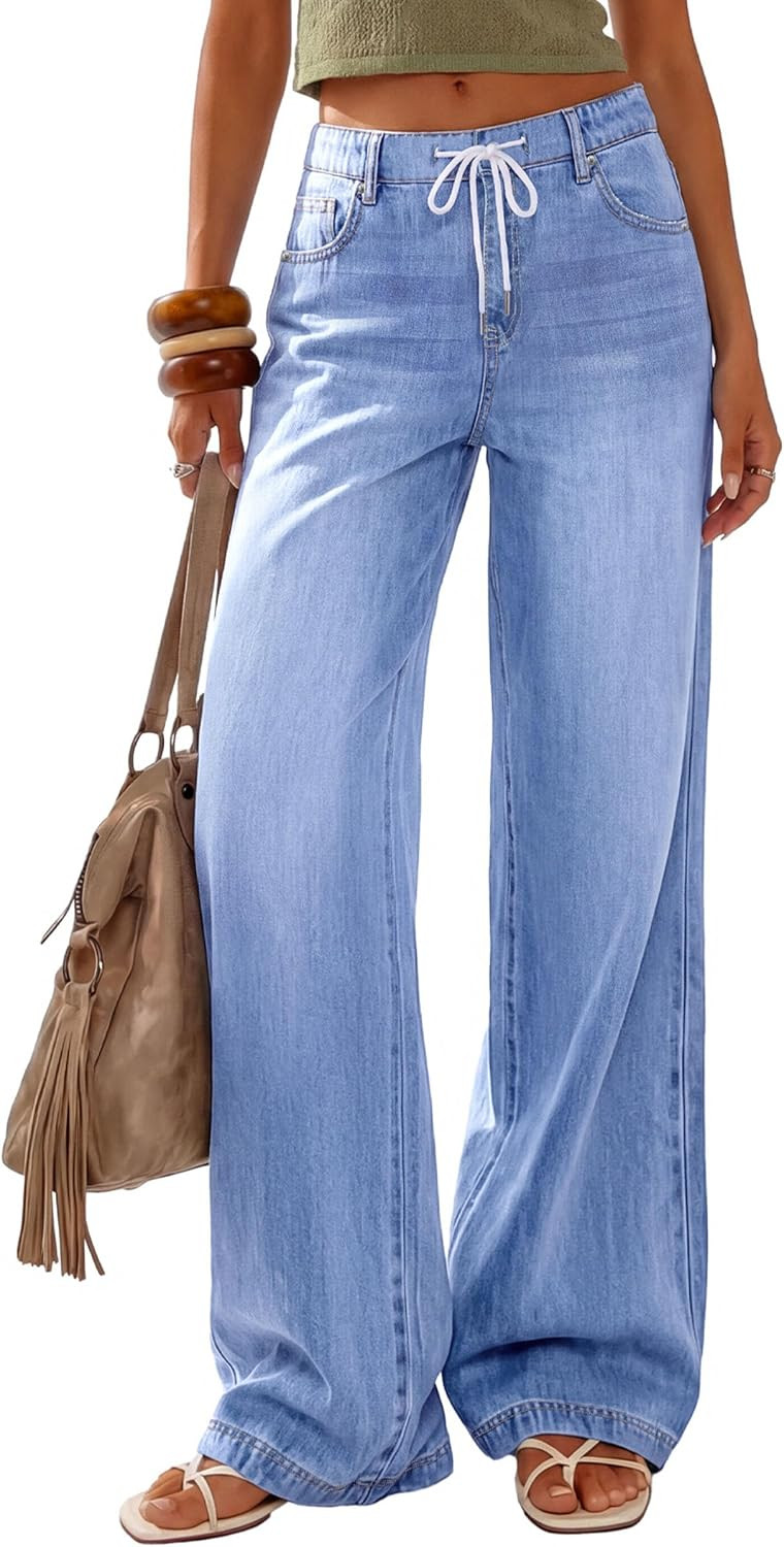 PRETTYGARDEN Womens Stretchy Drawstring Wide Leg Jeans | Amazon (US)